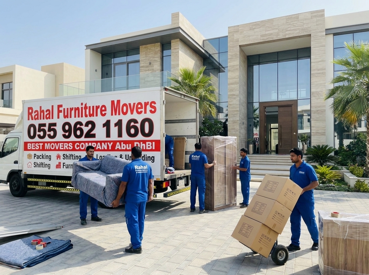 House movers in Abu Dhabi carefully carrying packed boxes from a family home